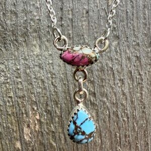 Golden Hills and Cotton Candy Turquoise Lariat Drop Silver Necklace
